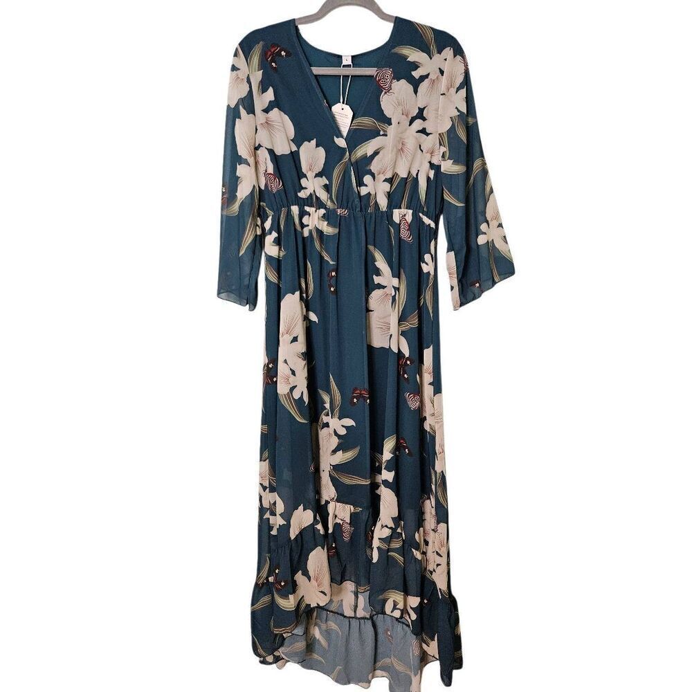 V neck dark green with floral design maxi dress. Size L. NWT.